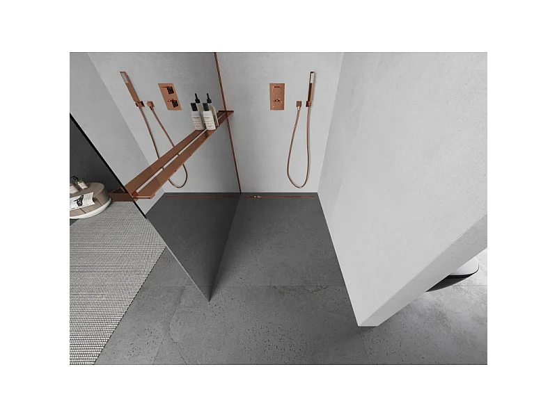 Mexen Kioto+ L parede de duche com prateleira Walk-in 110 x 200 cm, espelho, ouro rosa - 800-110-123-60-50