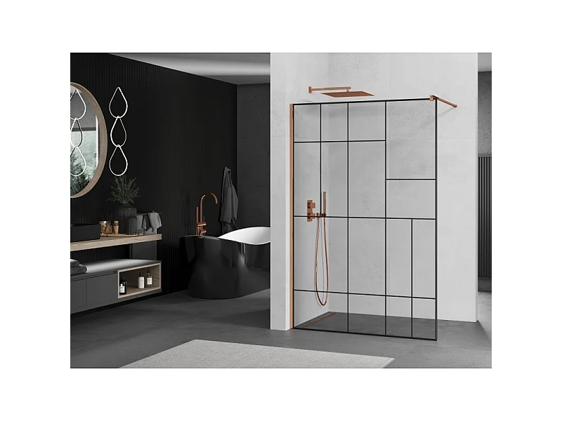 Mexen Kioto Duschwand Walk-in 110 x 200 cm, schwarzes Muster 8 mm, Roségold - 800-110-101-60-78