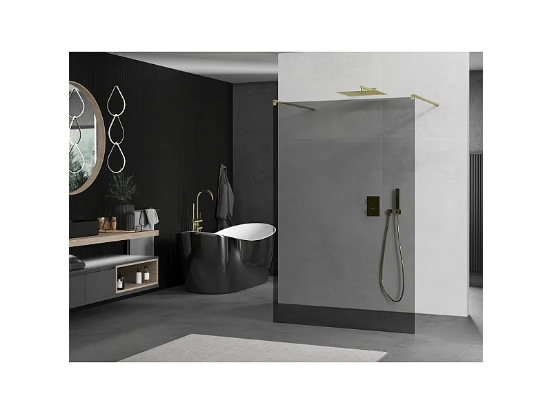 Mexen Kioto vrijstaande douchewand 110 x 200 cm, grafiet 8 mm, goud geborsteld - 800-110-002-55-40