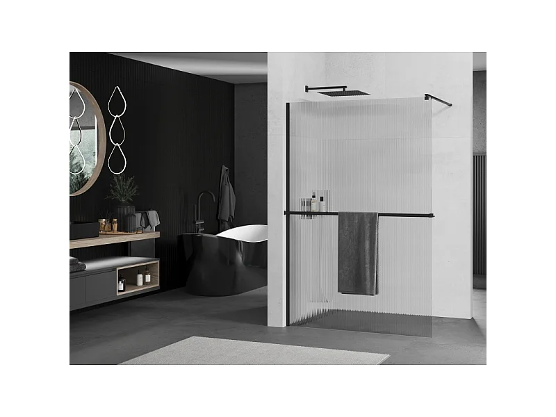 Mexen Kioto+ shower wall with Walk-in shelf 80 x 200 cm, stripes, black - 800-080-121-70-09