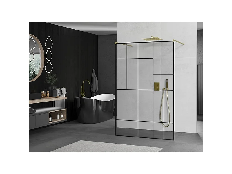 Mexen Kioto fritstående brusevæg 100 x 200 cm, sort mønster 8 mm, børstet guld - 800-100-002-55-78