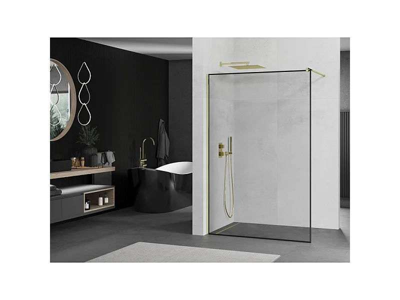 Mexen Kioto Shower Wall Walk-in 70 x 200 cm, Black Frame 8 mm, Gold - 800-070-101-50-70