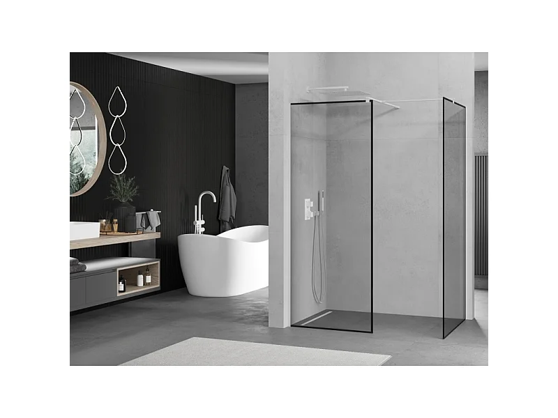 Mexen Kioto paroi de douche Walk-in 150 x 100 cm, cadre noir, blanc - 800-150-202-20-70-100