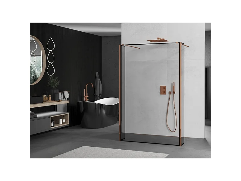 Mexen Kioto freistehende Duschwand 150 x 30 x 30 cm, schwarzer Rahmen, Roségold - 800-150-030-222-60-70-030