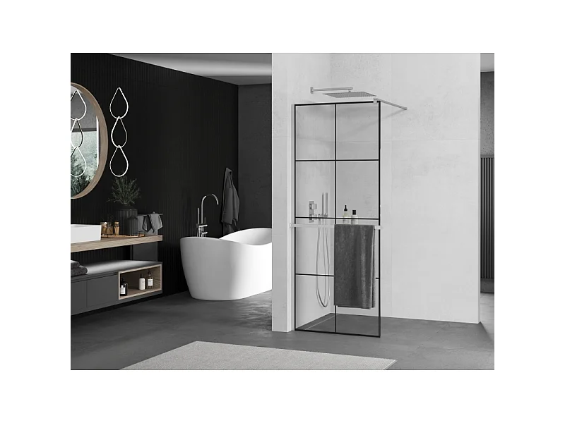 Mexen Kioto+ mampara de ducha con estante Walk-in 90 x 200 cm, rejilla negra, cromo - 800-090-121-01-77