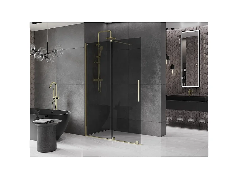 Mexen Velar Walk-in Shower Wall 140 x 200 cm, Graphite 8 mm, Gold - 871-140-000-43-50