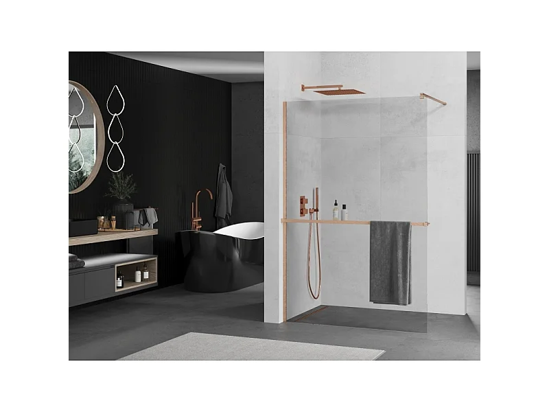 Mexen Kioto+ Shower Wall with Walk-in Shelf 100 x 200 cm, Transparent, Brushed Copper - 800-100-121-65-00