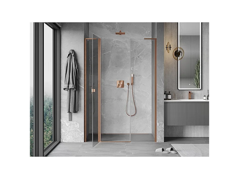 Mexen Mist L nihajna tuš vrata 160 cm, prozorna, brušen baker - 8A4L-160-001-65-00
