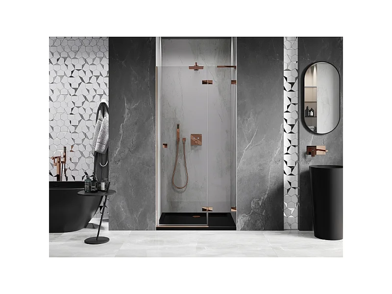 Mexen Lunar L højre svingbar brusevæg 125 cm, transparent, rosaguld - 834L-125-000-60-00-P