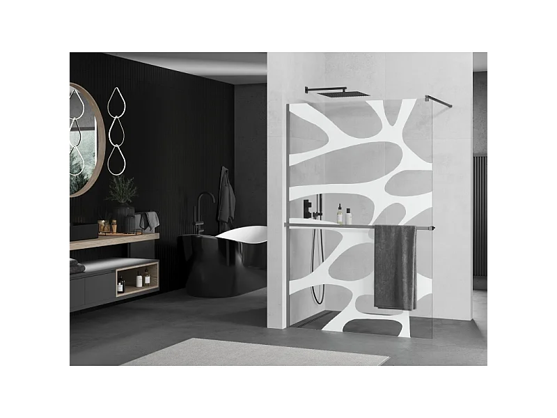 Mexen Kioto+ Shower Wall with Walk-in Shelf 140 x 200 cm, White Pattern, Gun Metal - 800-140-121-95-97