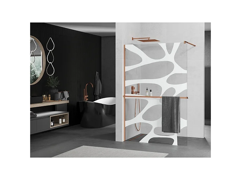 Mexen Kioto+ paroi de douche avec étagère Walk-in 70 x 200 cm, vague blanche, or rose - 800-070-121-60-97