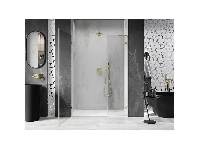 Mexen Lunar-B L venstrehængte brusedøre 145 cm, transparent, børstet guld - 832SL-145-050-55-00-L