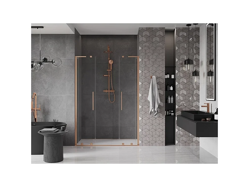 Mexen Velar L Duo douchedeur schuif 140 cm, transparant, geborsteld koper - 871-140-003-02-65