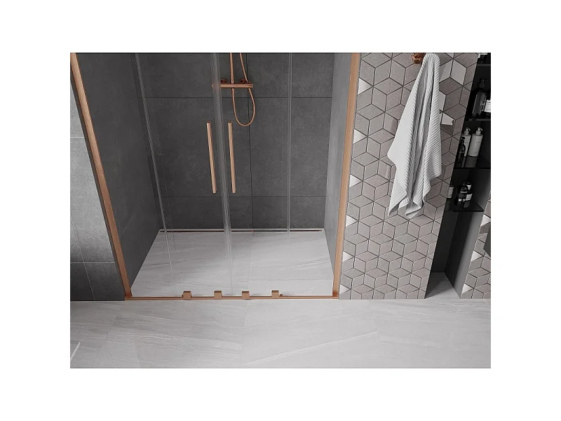Mexen Velar L Duo douchedeur schuif 140 cm, transparant, geborsteld koper - 871-140-003-02-65