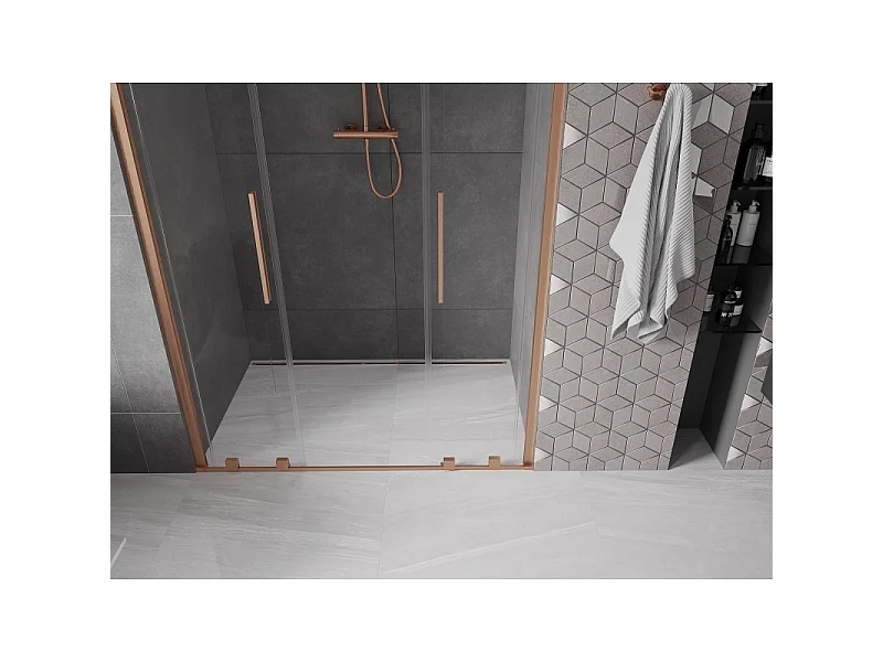 Mexen Velar L Duo douchedeur schuif 140 cm, transparant, geborsteld koper - 871-140-003-02-65