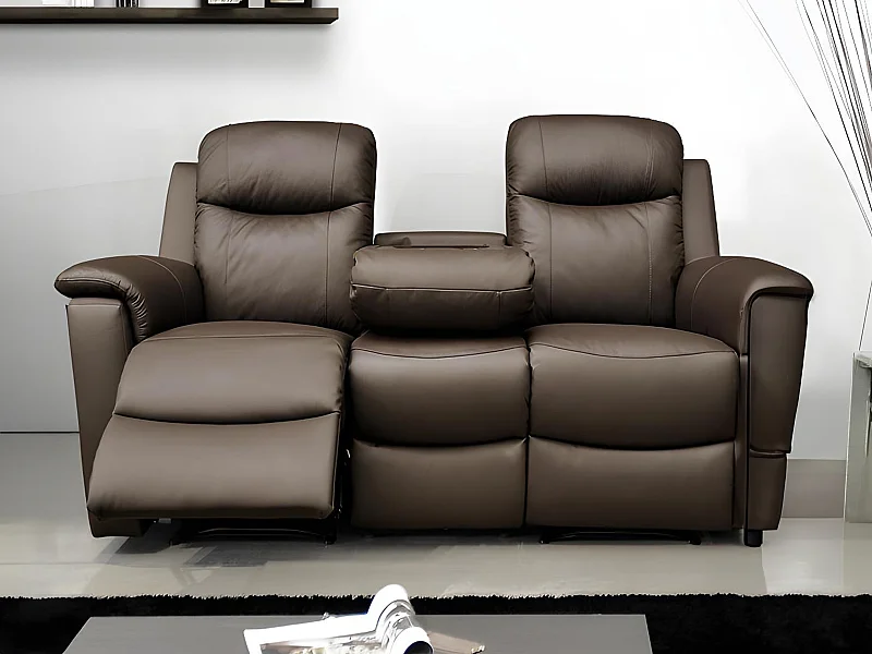 Sofá 3 plazas relax EVASION de piel - Marrón - Mesa auxiliar