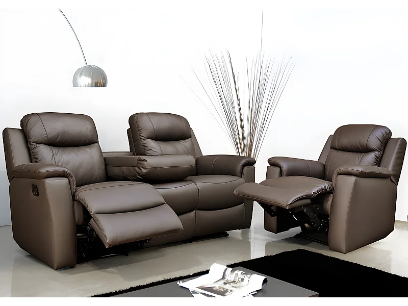 Canapé 3 places et un fauteuil relax EVASION en cuir - Marron