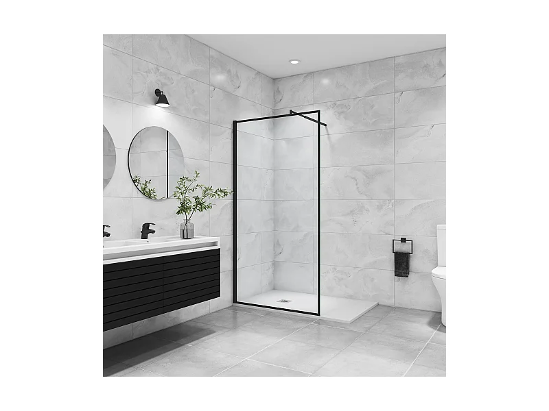 Paroi de douche noire 120x200cm à l'italienne avec barre de fixation noire 70-120cm en cylindrique, en 8mm verre trempé anticalcaire