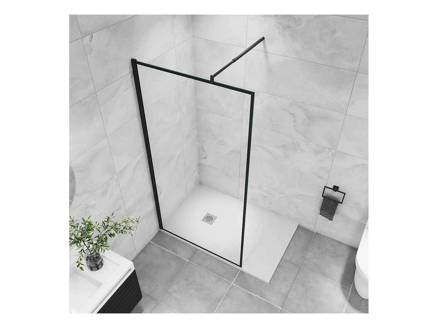 Paroi de douche noire 120x200cm à l'italienne avec barre de fixation noire 70-120cm en cylindrique, en 8mm verre trempé anticalcaire