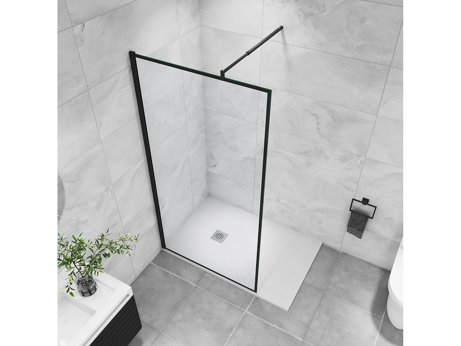 Paroi de douche noire 120x200cm à l'italienne avec barre de fixation noire 70-120cm en cylindrique, en 8mm verre trempé anticalcaire