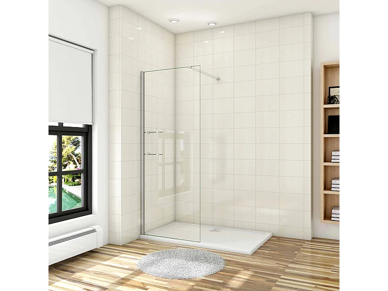 Paroi de douche à l'italienne 70x190cm avec étagères et barre de fixation 90cm recoupable, en 8mm verre anticalcaire