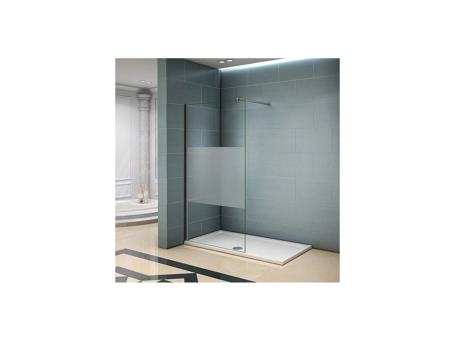 Paroi de douche à l'italienne 100x200cm avec barre de fixation 140cm en carré, en 8mm verre bande centrale dépolie