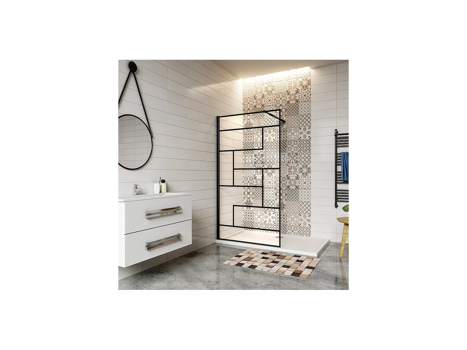 Paroi de douche 120x200cm fixe à l'italienne avec barre de fixation noire carrée 73-120cm extensible, en 8mm verre anticalcaire style moderne