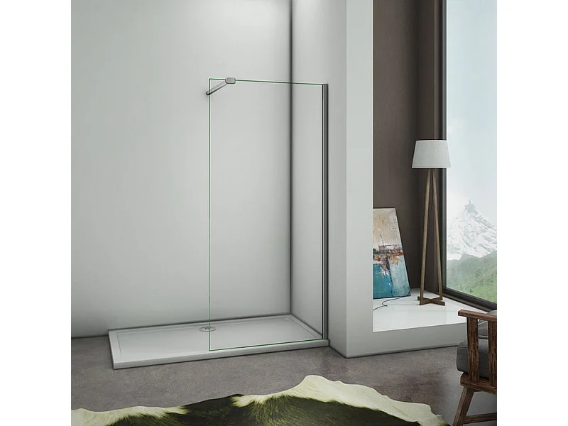 Paroi de douche à l'italienne 40x200cm avec barre de fixation 90cm avec grande pince - Chromé - Verre 8mm trempé transparent