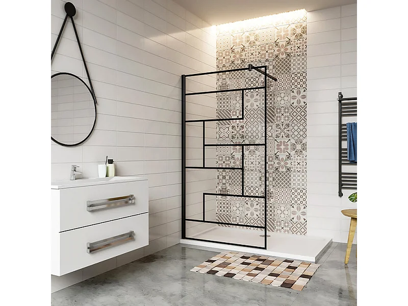 Paroi de douche 90x200cm fixe à l'italienne avec barre de fixation noire 70-120cm extensible, en 8mm verre anticalcaire style moderne