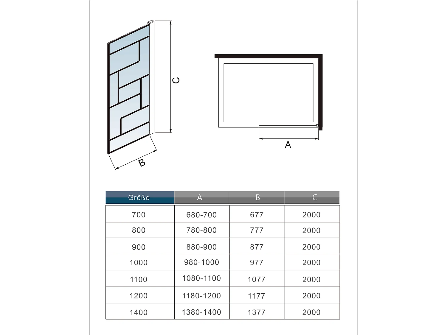 Paroi de douche 90x200cm fixe à l'italienne avec barre de fixation noire 70-120cm extensible, en 8mm verre anticalcaire style moderne
