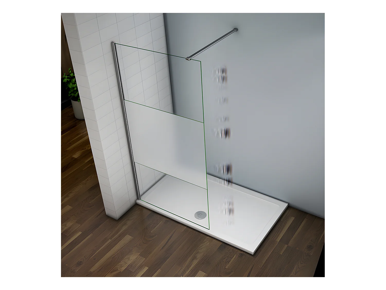 Paroi de douche à l'italienne 120x200cm avec barre de fixation 140cm recoupable, en 8mm verre bande centrale dépolie