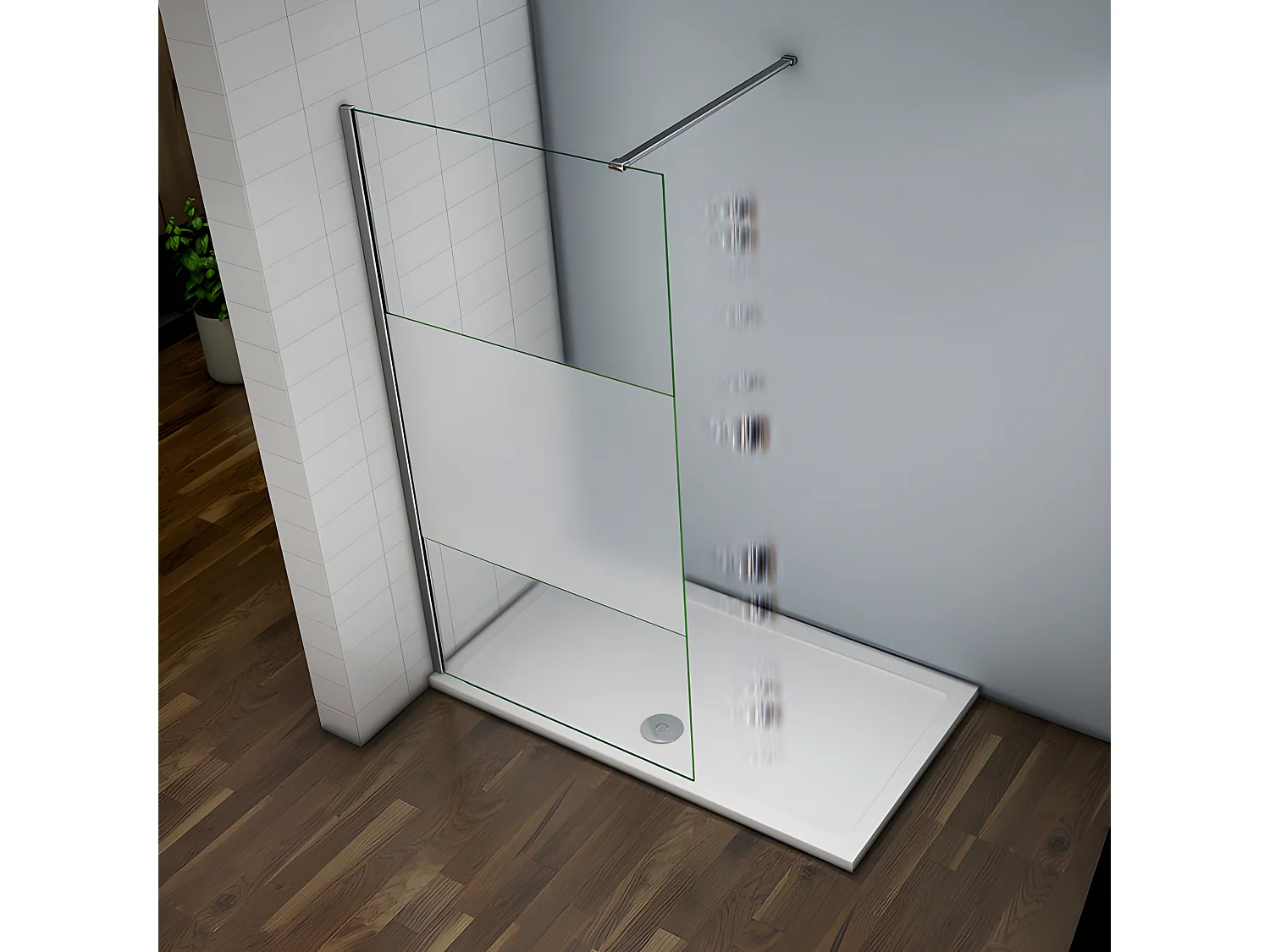 Paroi de douche à l'italienne 120x200cm avec barre de fixation 140cm recoupable, en 8mm verre bande centrale dépolie