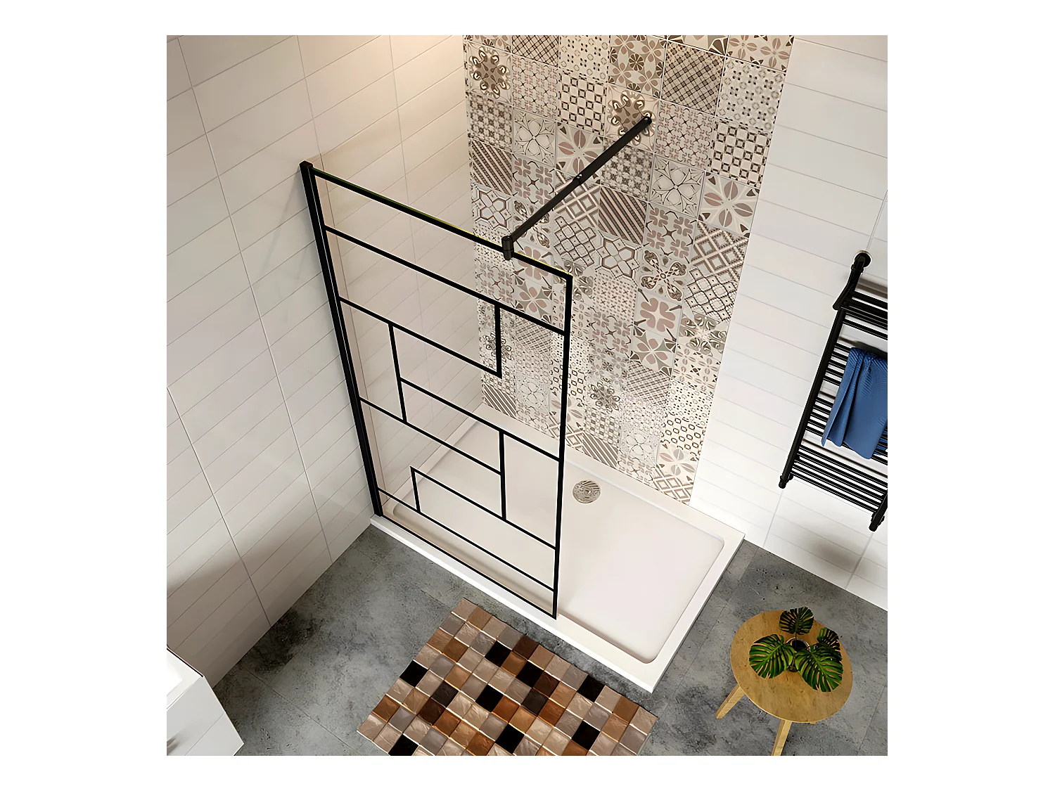 Paroi de douche 100x200cm fixe à l'italienne avec barre de fixation noire 70-120cm extensible, en 8mm verre anticalcaire style moderne