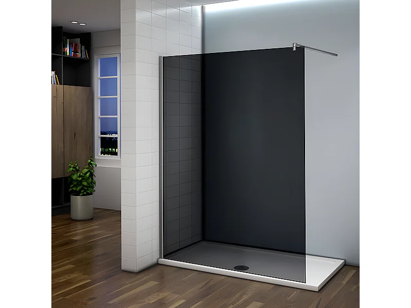 Paroi de douche grise 100x200cm à l'italienne avec barre de fixation 90cm en carré, en 8mm verre trempé anticalcaire
