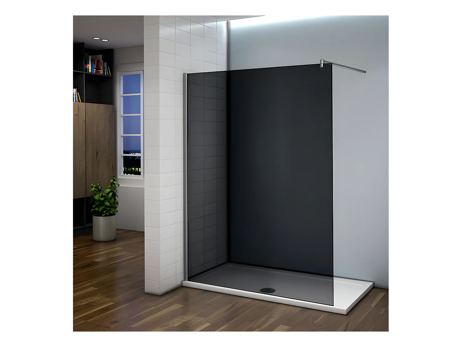 Paroi de douche grise 100x200cm à l'italienne avec barre de fixation 90cm en carré, en 8mm verre trempé anticalcaire