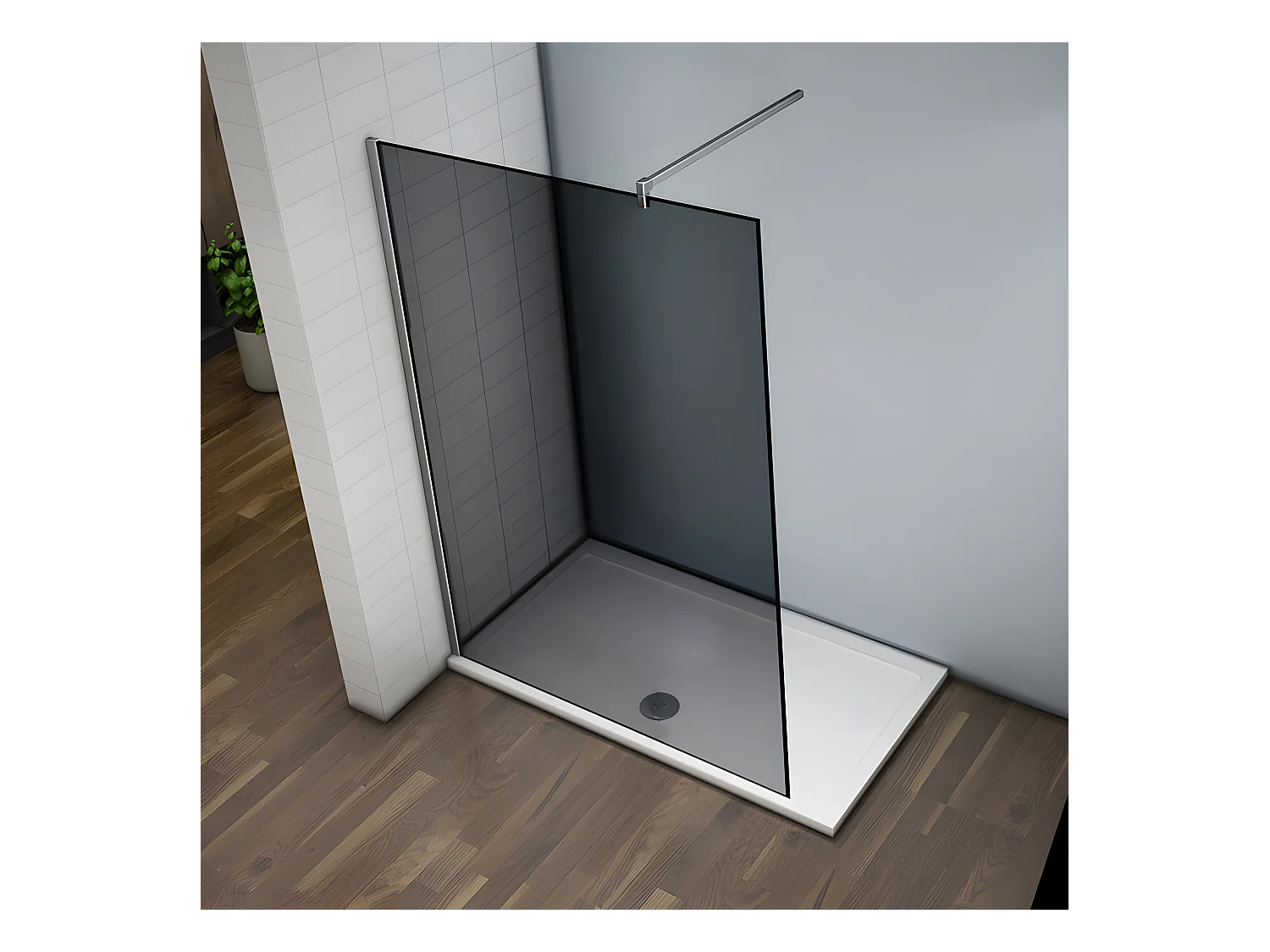 Paroi de douche grise 100x200cm à l'italienne avec barre de fixation 90cm en carré, en 8mm verre trempé anticalcaire