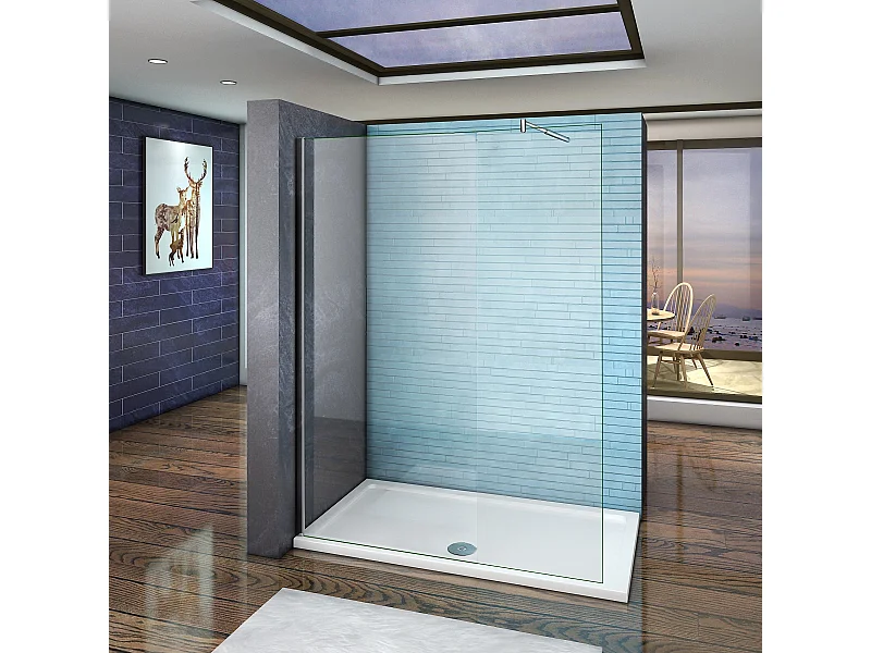 Paroi de douche fixe à l'italienne 130x200cm - 10mm verre trempé anticalcaire - Avec barre de fixation 70-120cm en cylindrique