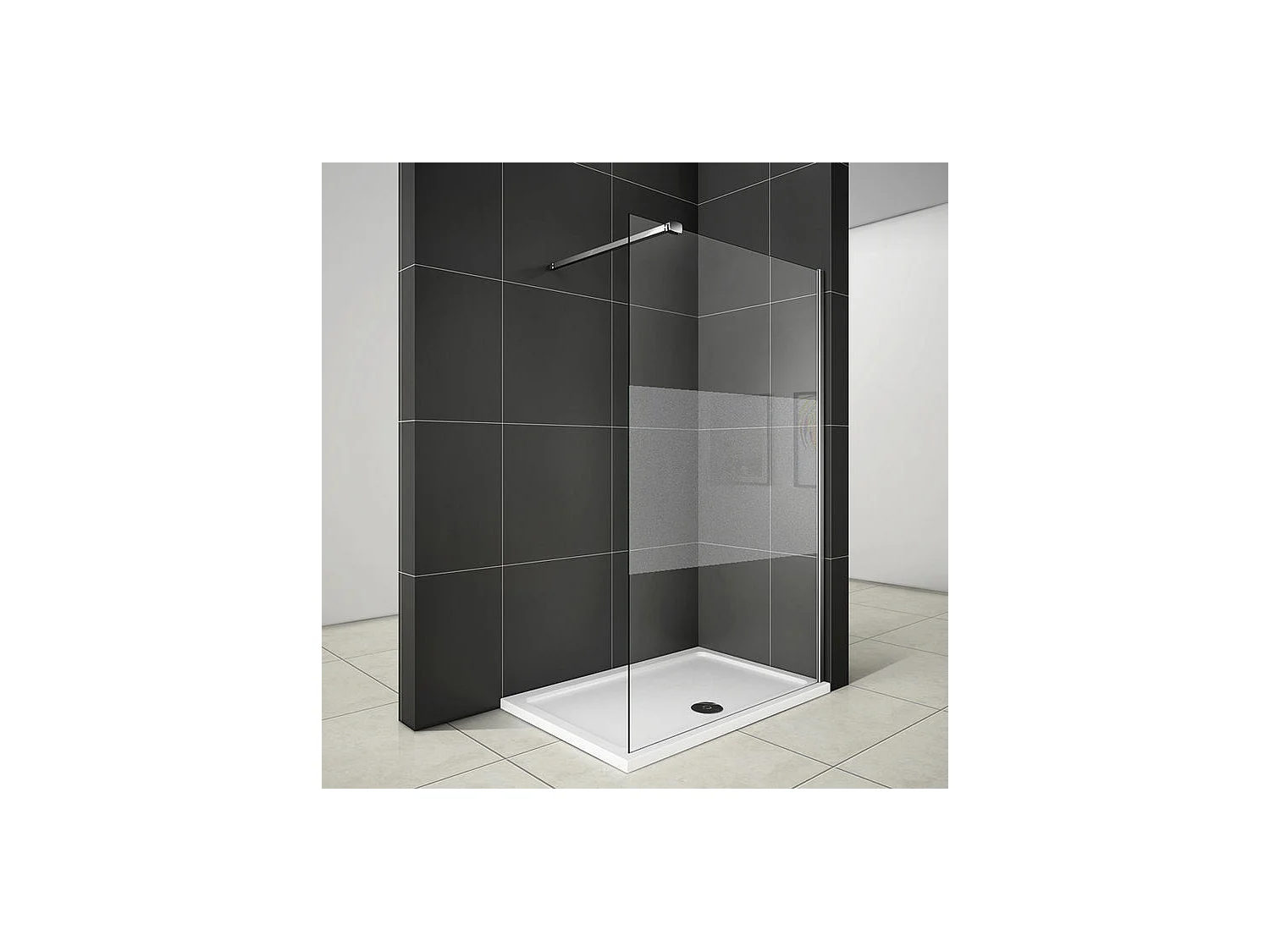Inloopdouchewand 110x200cm met 90cm bevestigingsstang, versterkte klem, in 8mm gematteerd middenstrookglas