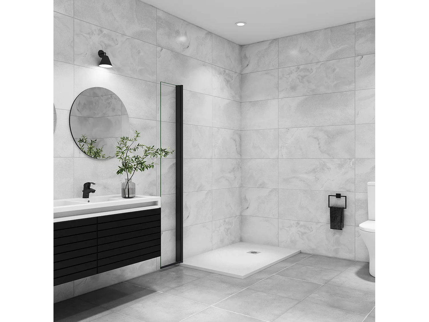 Italiaanse draaibare douchewand 35x200cm, wandgemonteerde draaibare retourdouchewand in 8mm antikalkglas, matzwart profiel