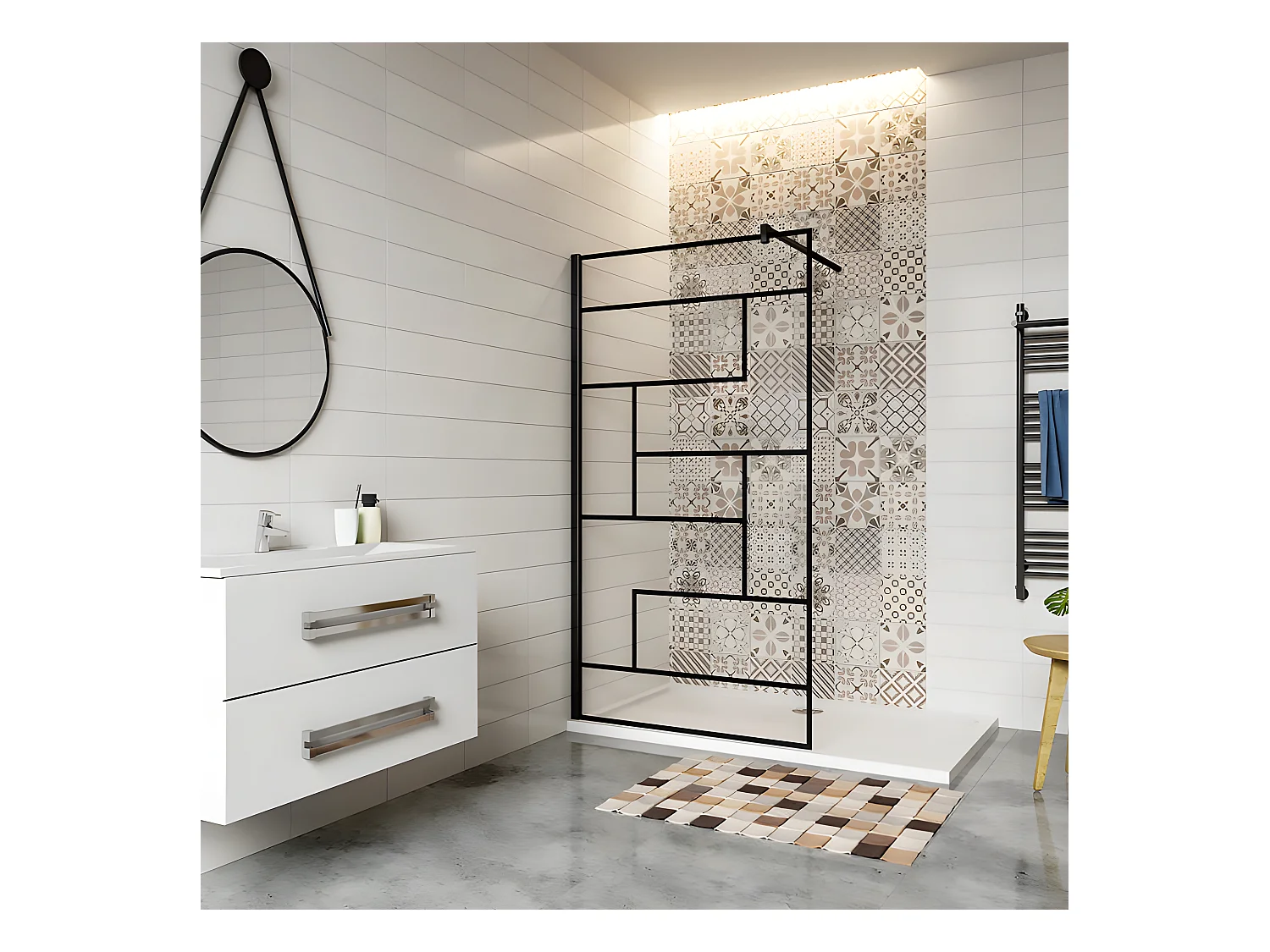 Vaste inloopdouchewand van 80x200 cm met vierkante zwarte bevestigingsstang van 90 cm, in 8 mm antikalkglas, moderne stijl