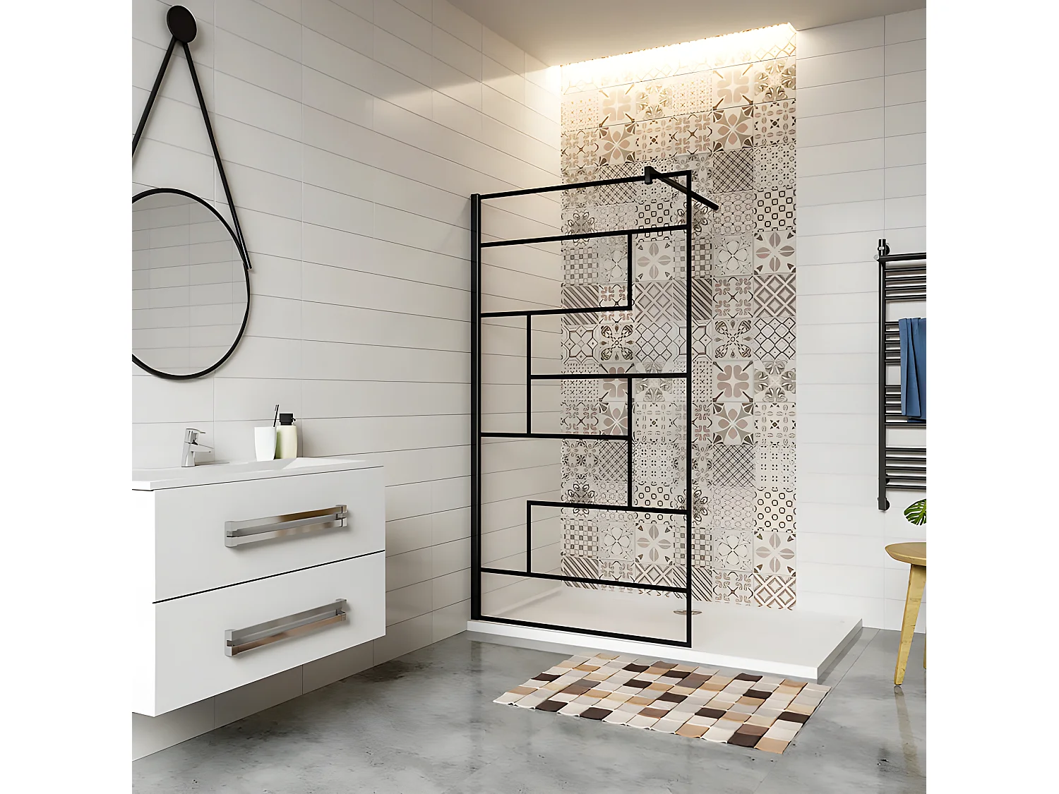 Paroi de douche 80x200cm fixe à l'italienne avec barre de fixation noire carrée 90cm, en 8mm verre anticalcaire style moderne