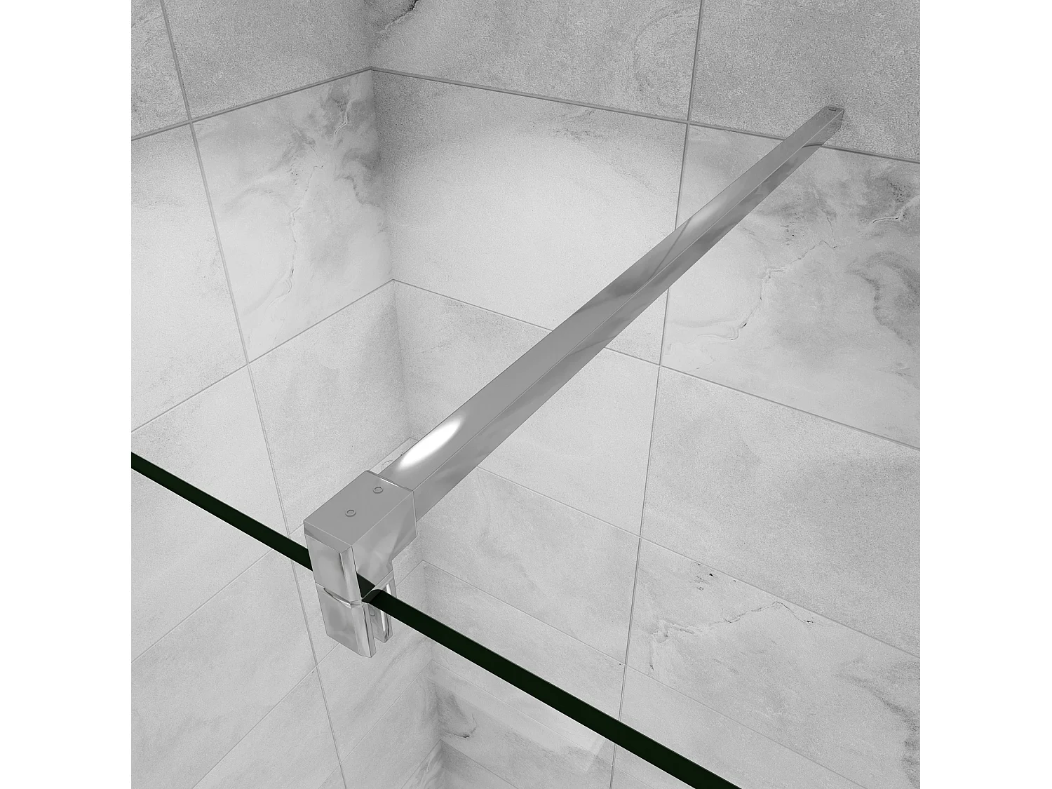 Paroi de douche à l'italienne avec retour pivotant fixé 70+25x200cm avec barre de fixation 90cm en carré, en 8mm verre anticalcaire