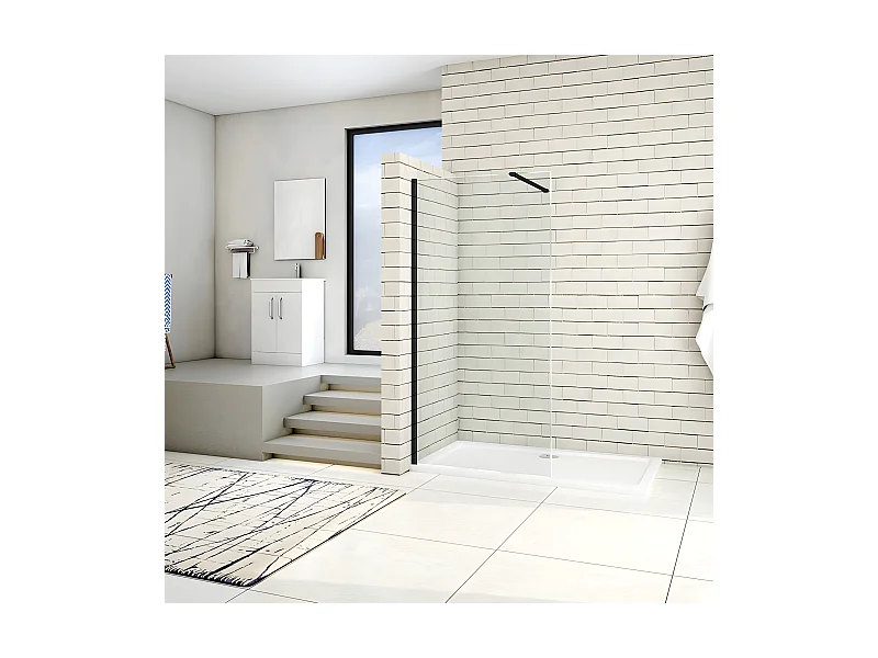 Paroi de douche à l'italienne 80x200cm en verre 8mm securit anticalcaire, avec barre de fixation 90cm recoupable - Noir Mat