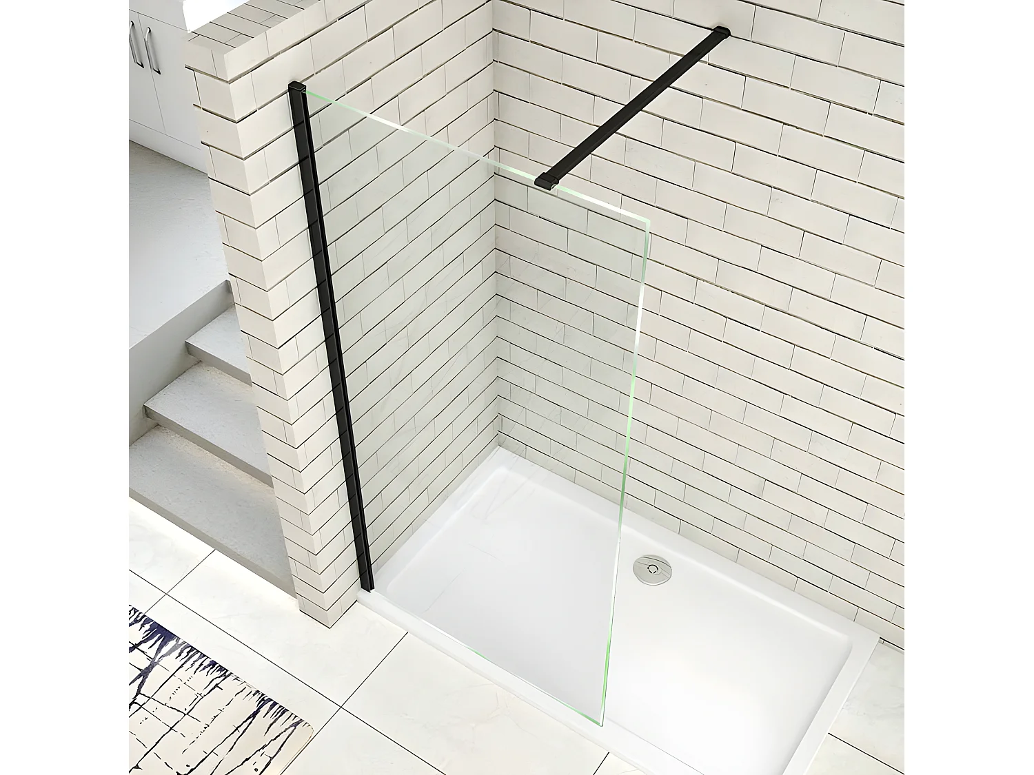 Paroi de douche à l'italienne 80x200cm en verre 8mm securit anticalcaire, avec barre de fixation 90cm recoupable - Noir Mat
