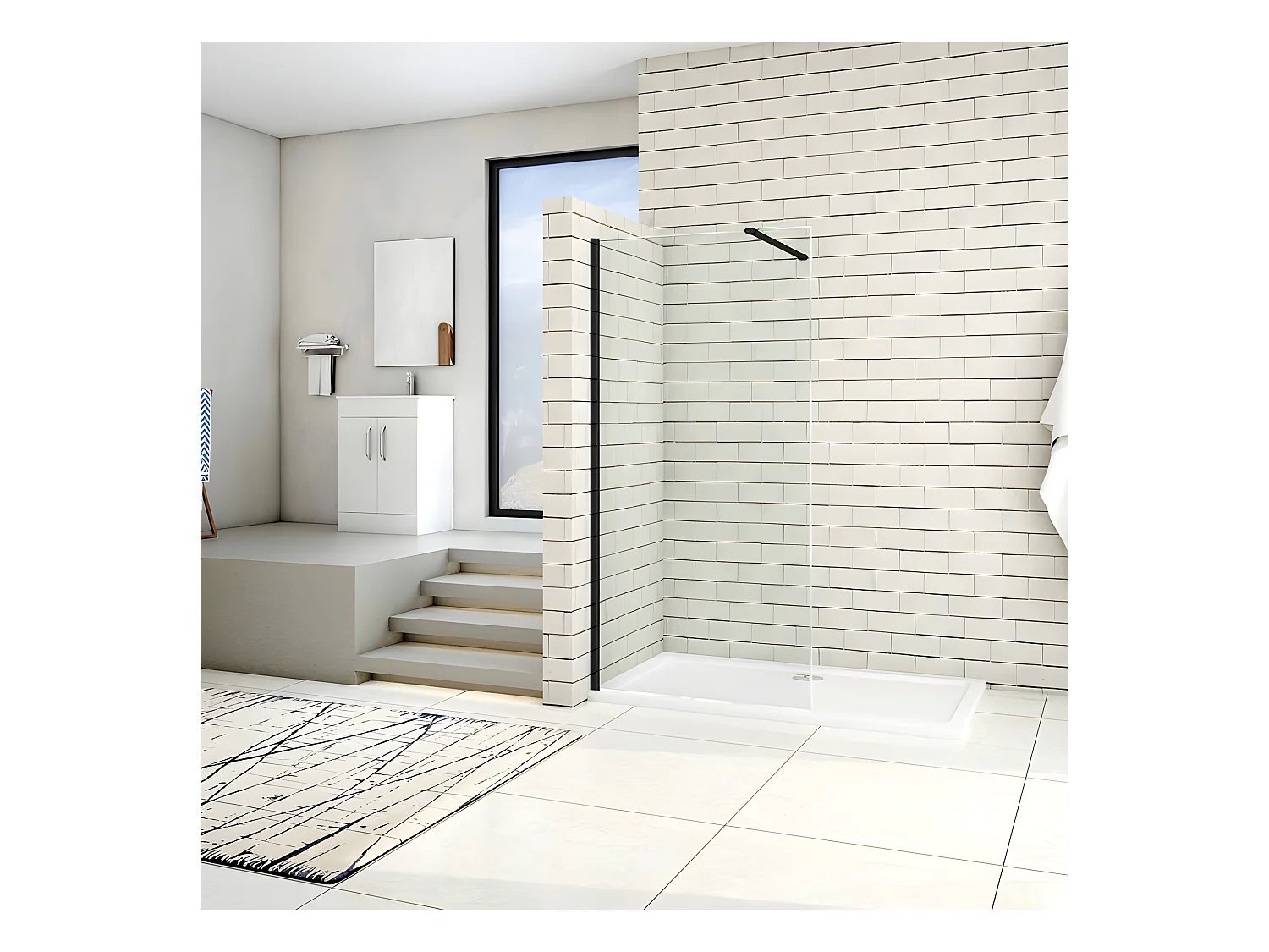 Paroi de douche à l'italienne 80x200cm en verre 8mm securit anticalcaire, avec barre de fixation 90cm recoupable - Noir Mat