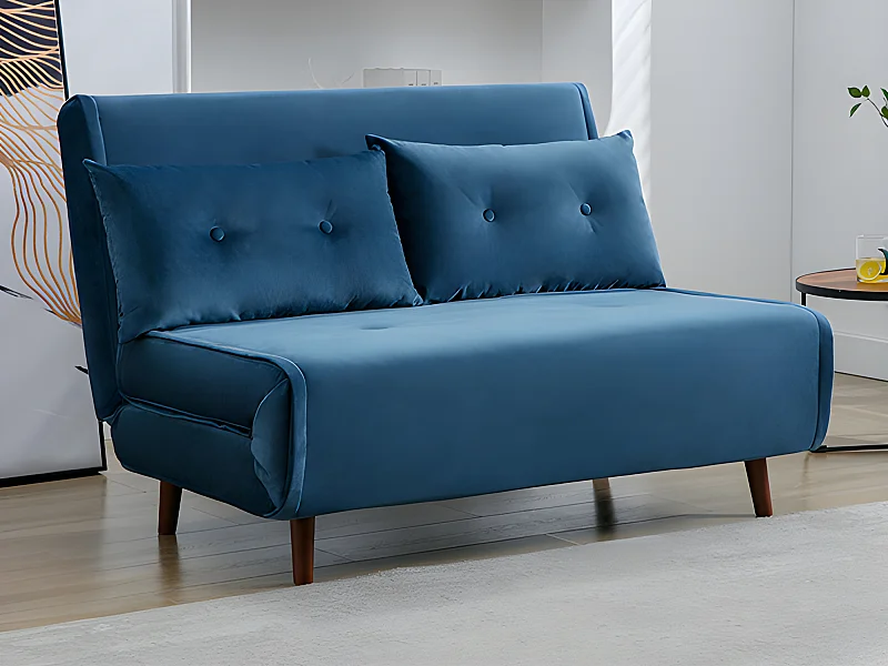 Canapé 2 places convertible en velours bleu nuit URIBIA