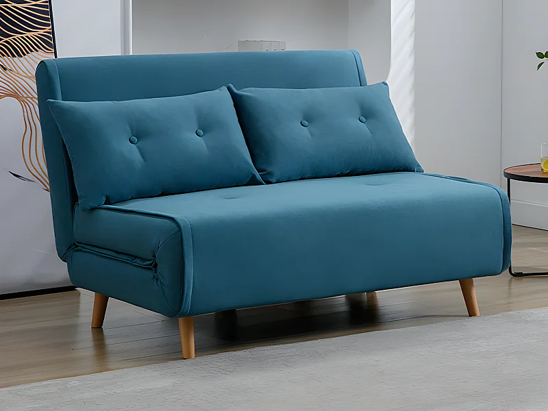 Canapé 2 places convertible en tissu bleu URIBIA