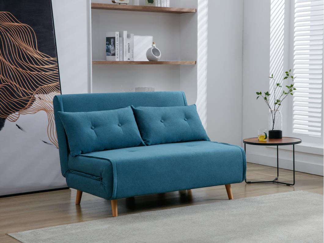 Canapé 2 places convertible en tissu bleu URIBIA