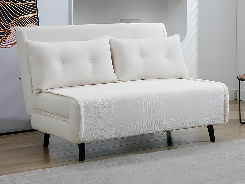 Canapé 2 places convertible en tissu bouclette ivoire URIBIA