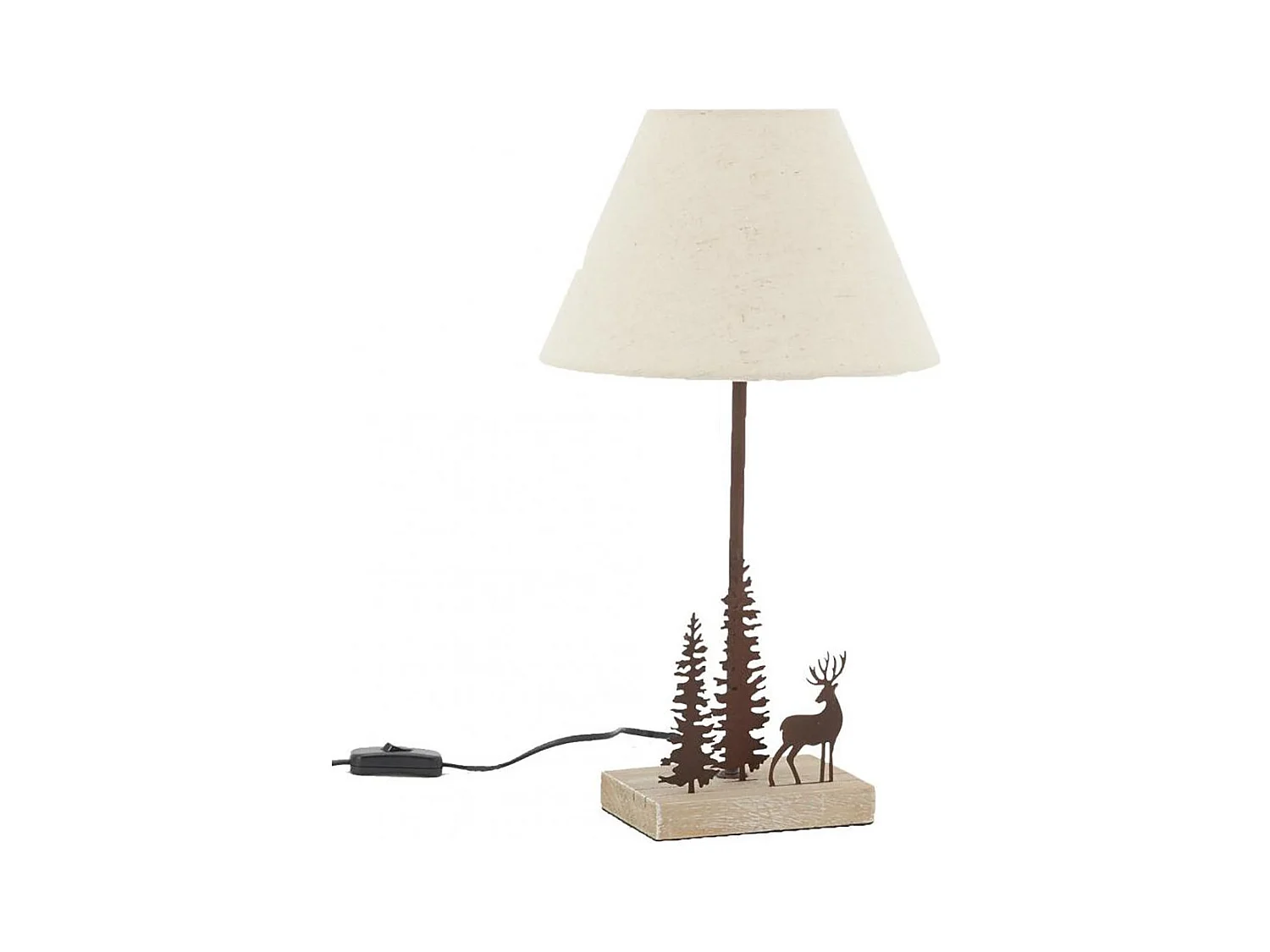 Lampe à poser métal bois 1 cerf 2 sapins